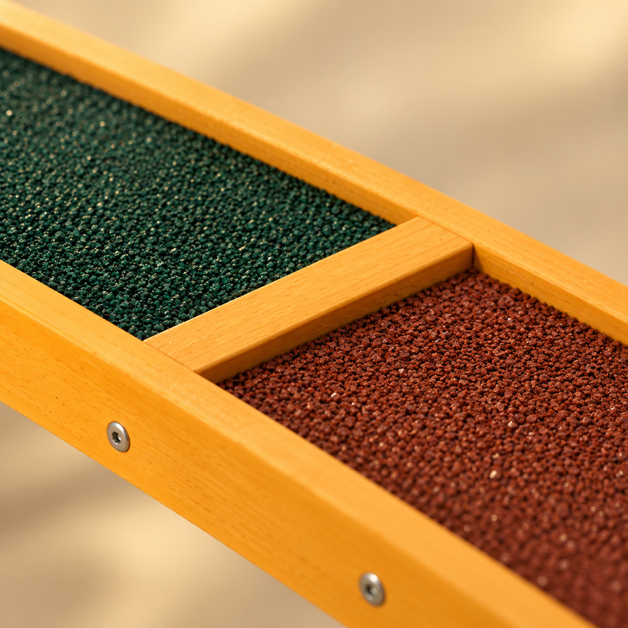 Close view of green and reddish-brown textured panels separated by a wooden divider, with screws along the side edge.