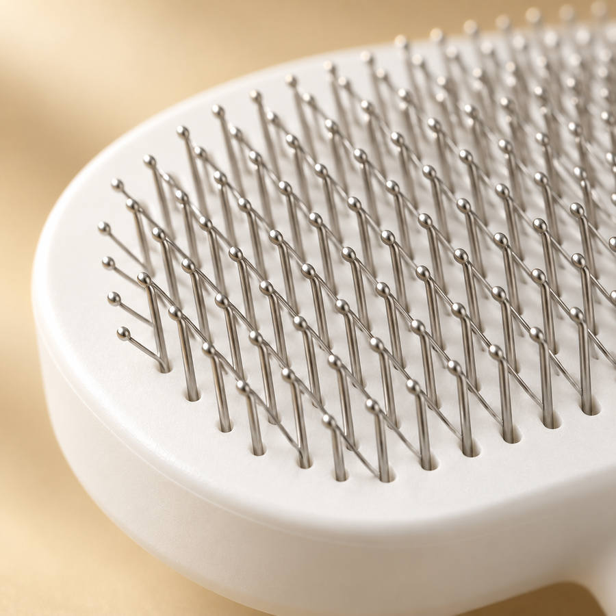 Close-up of the rounded stainless steel pins on a white slicker brush head