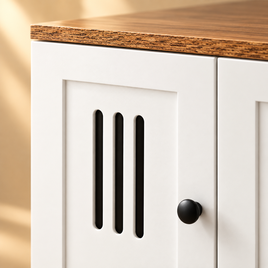 Close-up of the walnut-look top, black vent slots and round black knob on a white cabinet door