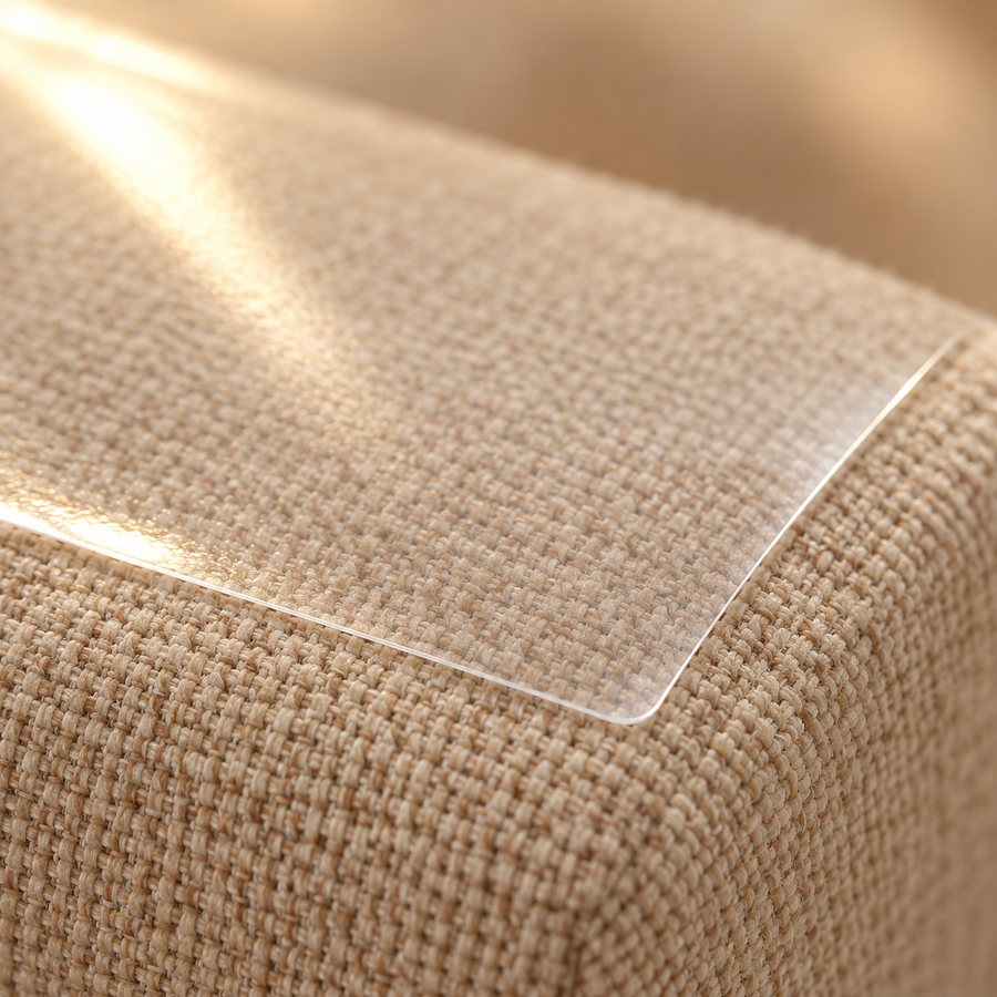 Close view of the transparent edge and corner of an adhesive furniture sheet over beige woven upholstery