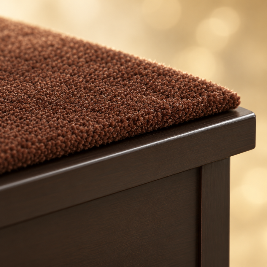 Close-up of the textured brown carpet cushion and dark wood edge of a dog stair step