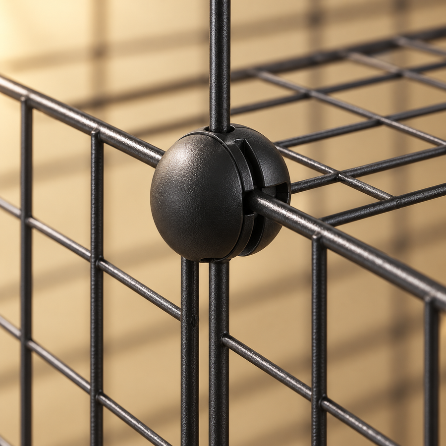 Close-up of a round black plastic connector joining the square steel-wire grid panels of a modular playpen
