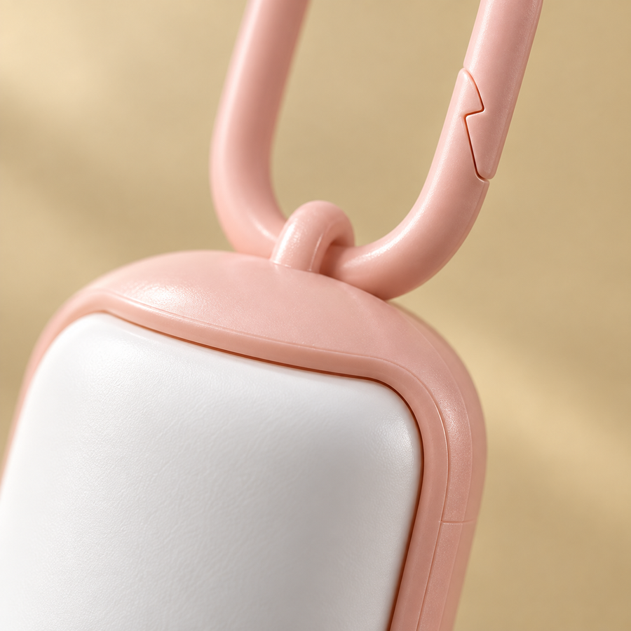 Close-up of the pink carabiner loop and rounded white shell of a mini waste bag dispenser