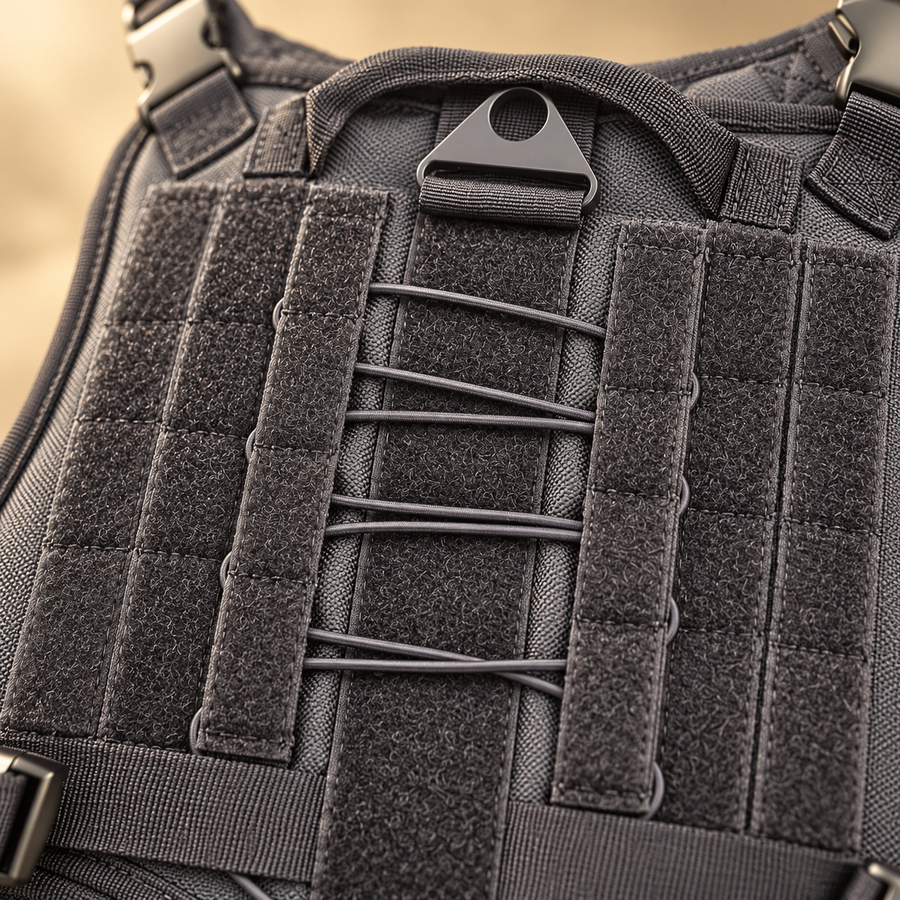Close view of elastic cord lacing, dark webbing and gray fabric on the back of a dog harness