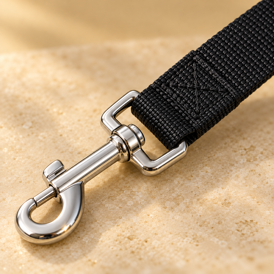 Close view of black woven leash webbing and stitched attachment around the base of a silver swivel snap