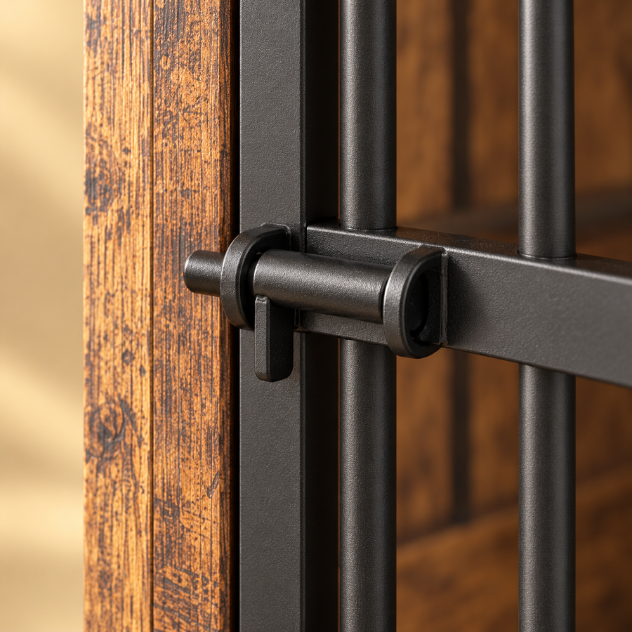 Close-up of the black sliding latch and metal bars on a rustic wood corner dog crate door