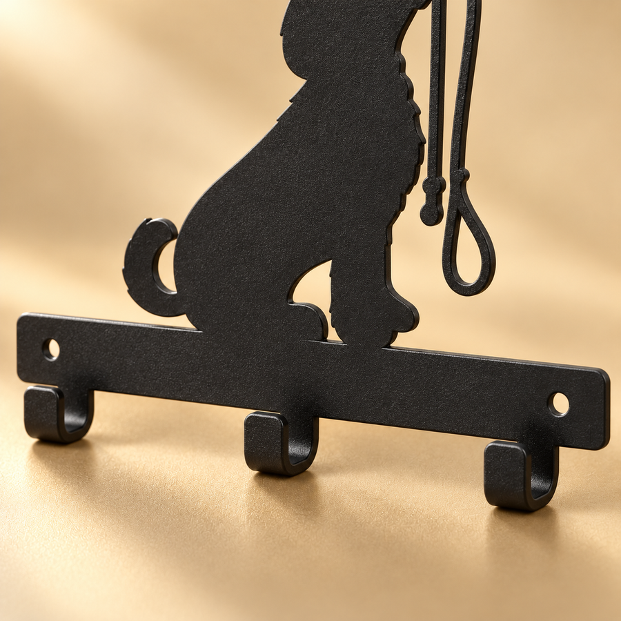 Close view of three bent hooks, mounting holes and black metal dog silhouette on a leash rack