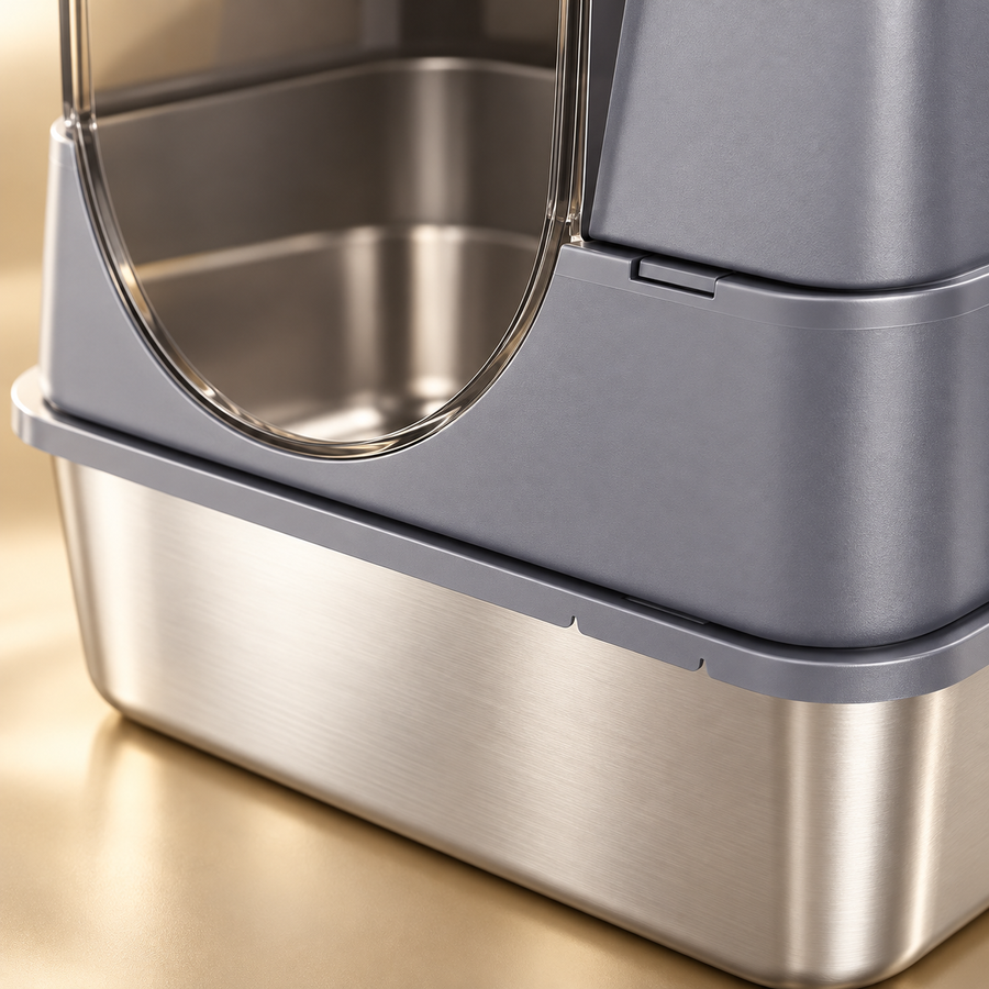 Close view of the rounded transparent front flap, gray enclosure seam and shiny steel basin of the litter box.