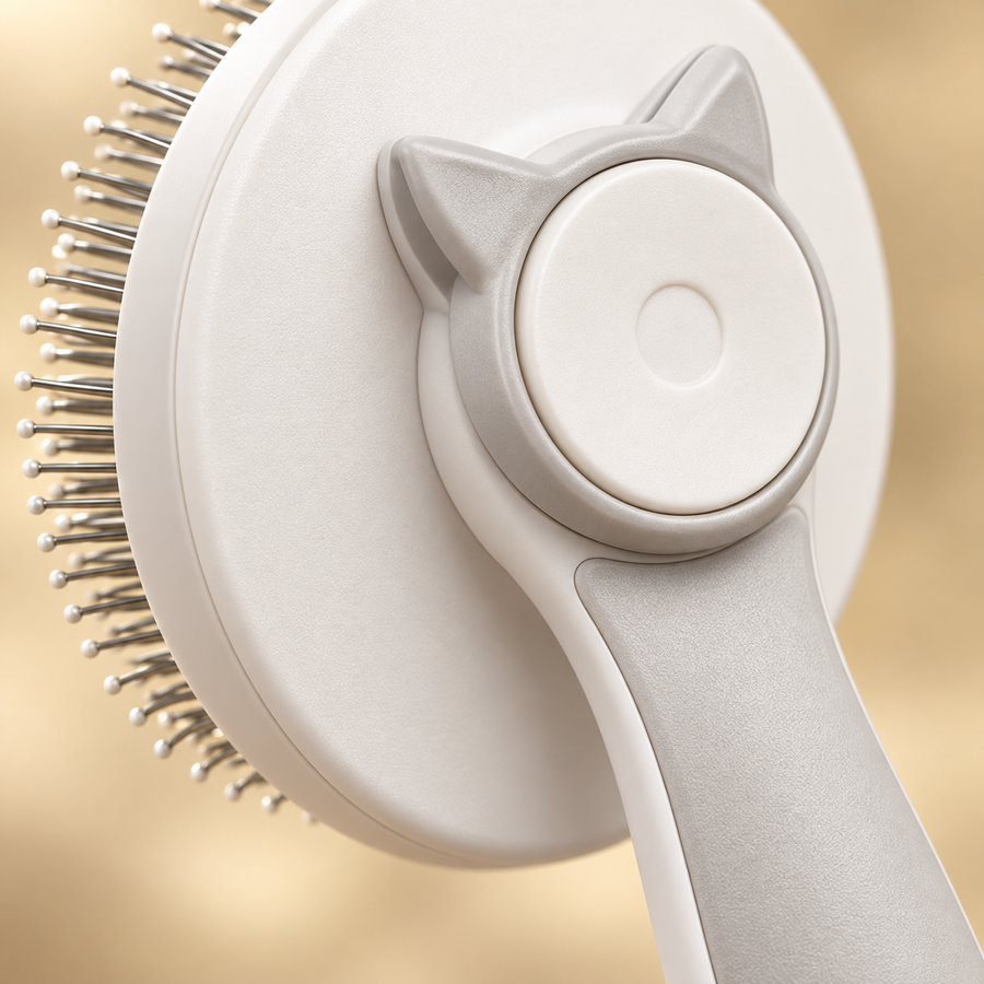 Close-up of a round slicker brush showing the fine metal pins, cat-ear button and gray handle