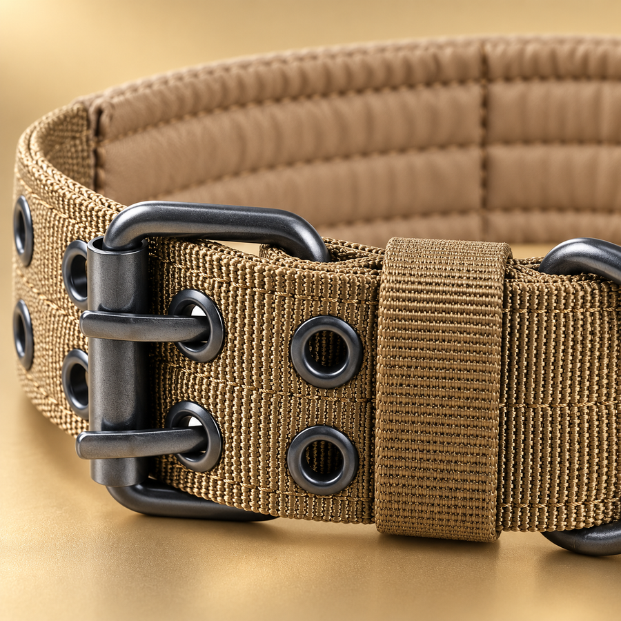 Close view of the brown nylon weave, padded lining, paired eyelets and black double-prong collar buckle.