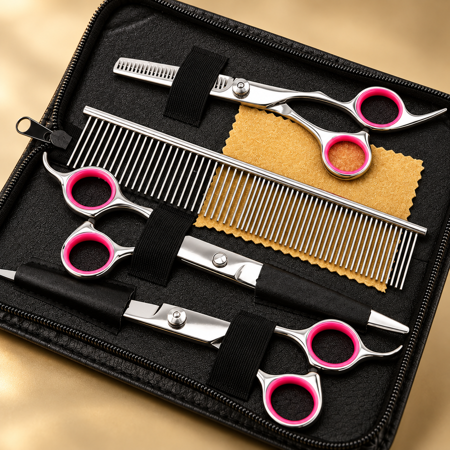 Close view of silver grooming shears with pink finger rings and a metal comb secured inside a black case