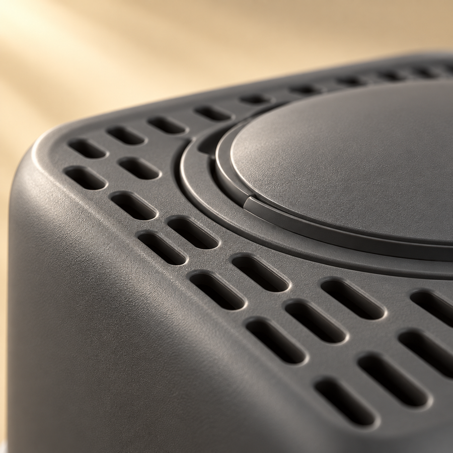 Close-up of the slotted top grate and round lid on a dark gray enclosed cat litter box