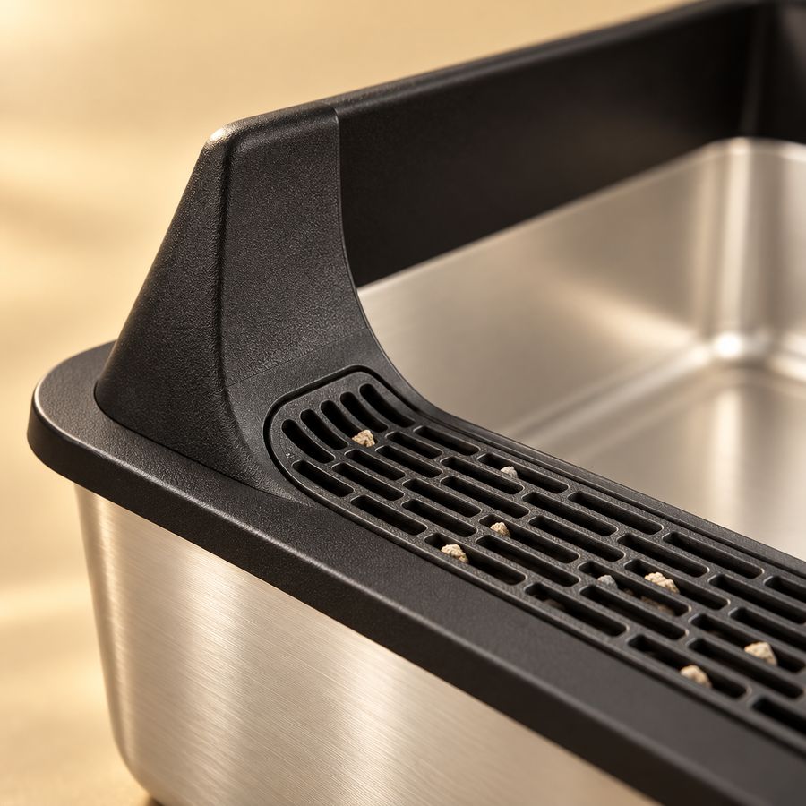 Close-up of the black perforated grid at the low front entry of a stainless steel litter box with stray grains