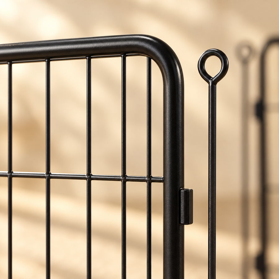Close view of a black metal panel’s rounded top corner, wire grid and side fitting beside a loop-top rod.