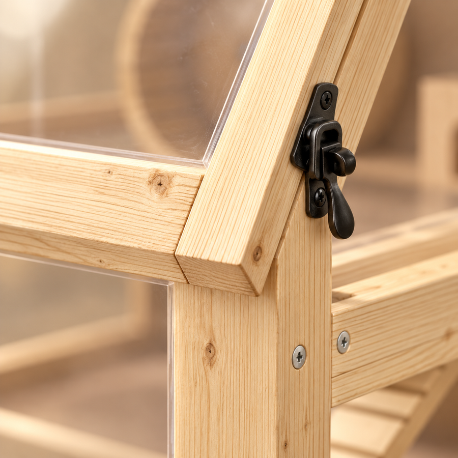 Close-up of a black latch and fir wood corner joint on a wooden hamster cage with acrylic panels