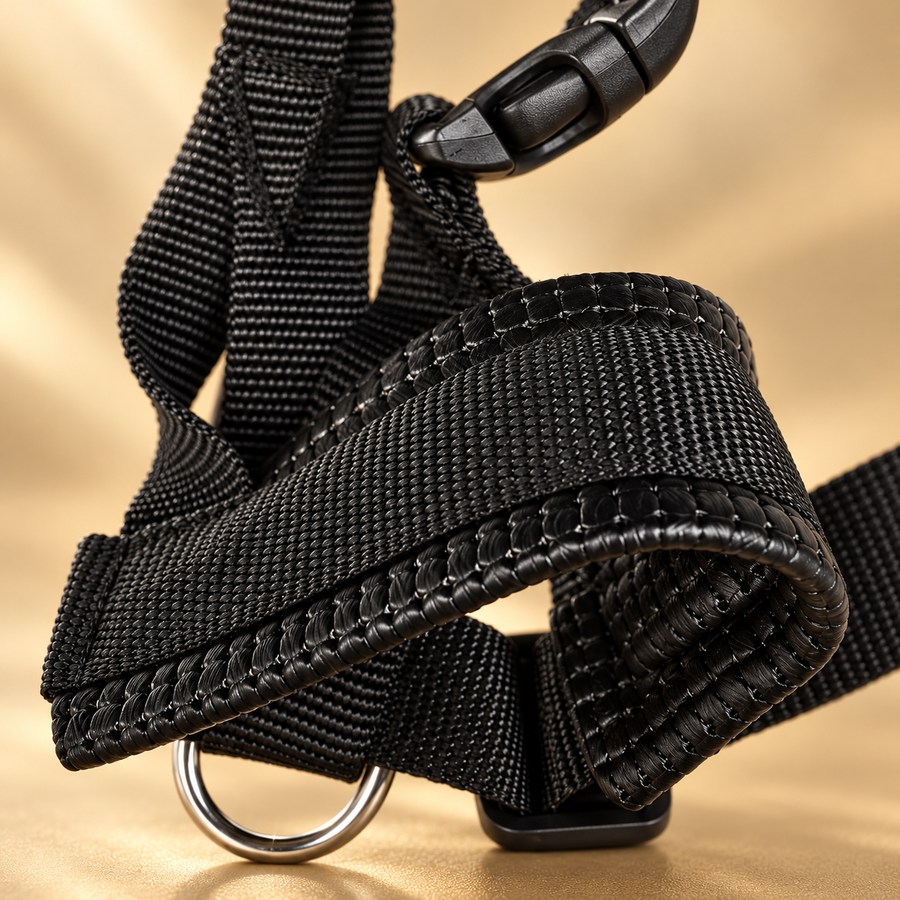 Close detail of black woven nylon, the padded nose-loop edge, plastic buckle and silver D-ring of a dog muzzle