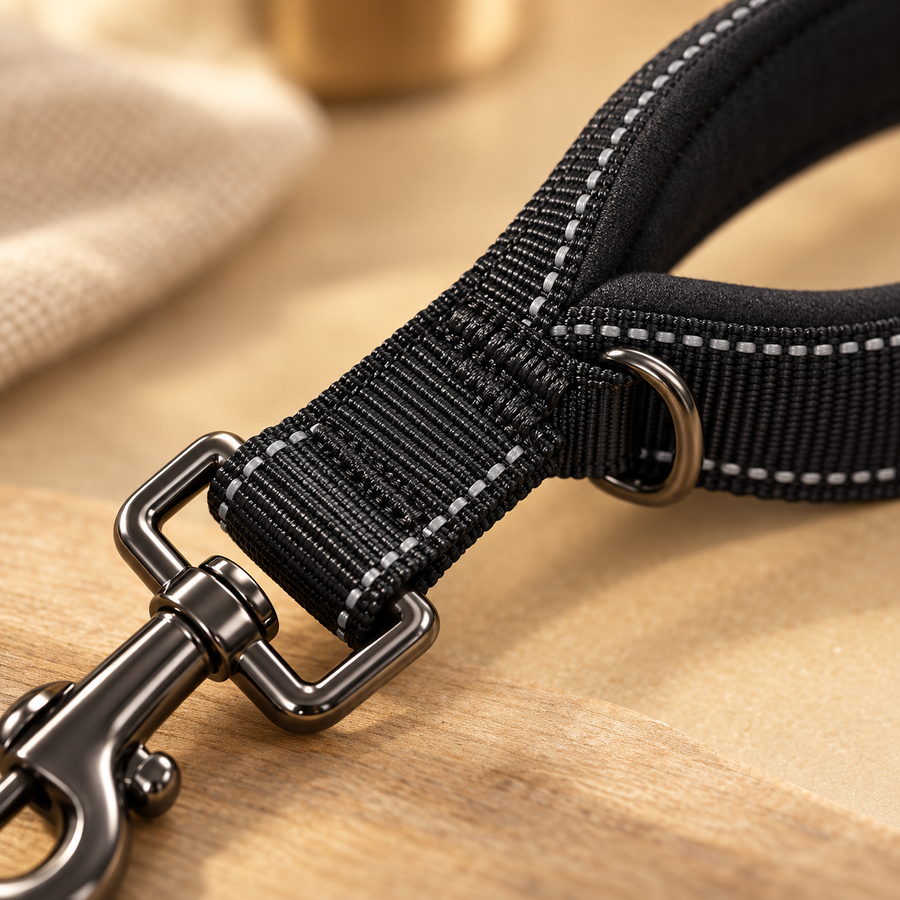 Close-up of black leash webbing with reflective stitching, a metal D-ring and a gunmetal swivel clip
