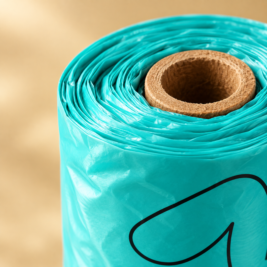 Macro view of the cardboard core and layered teal film of a dog poop bag roll