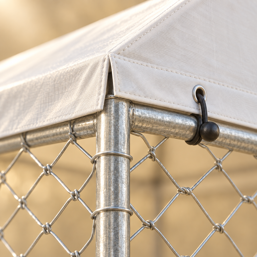 Close-up of a white canopy corner tied to a galvanized steel post with chain-link fencing below