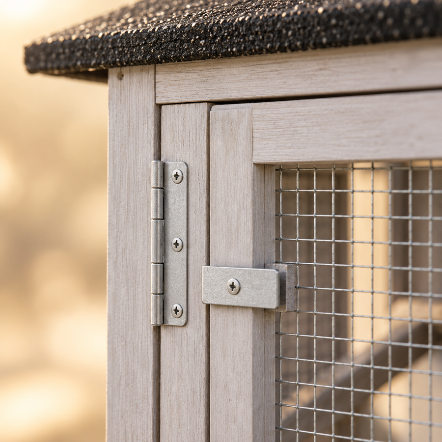 Close-up of a metal hinge and latch on a gray wooden hutch door with wire mesh below a black asphalt roof