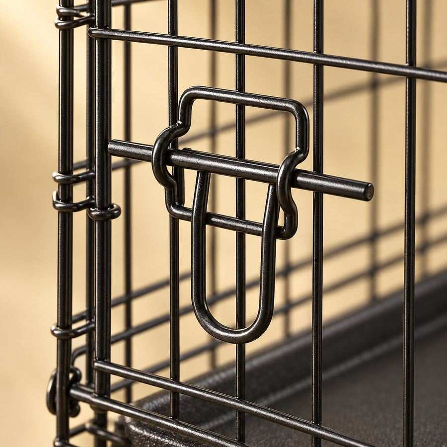 Close-up of the slide latch on the front door of a black wire dog crate