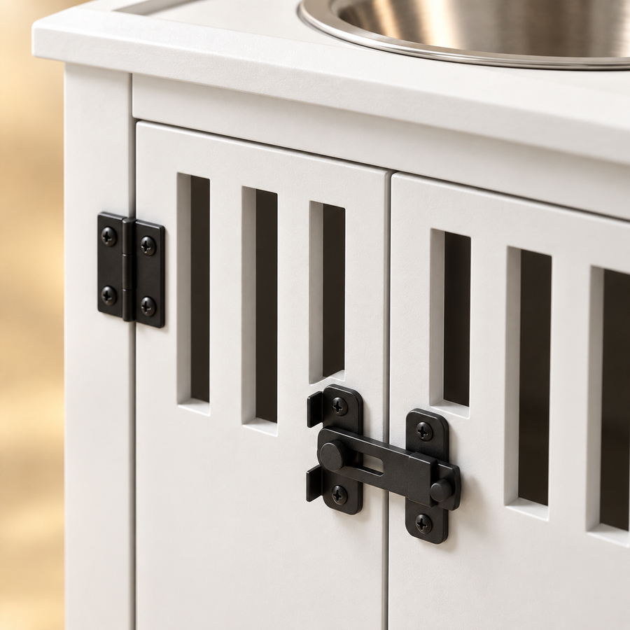 Close-up of the black hinges, latch and slatted doors on a white dog feeding cabinet