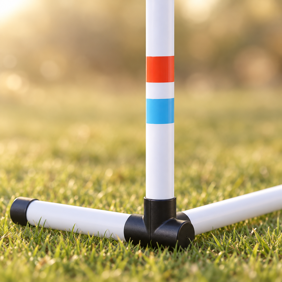 Close view of red and blue bands on a white agility pole above its black joint, white rail and capped footbar.