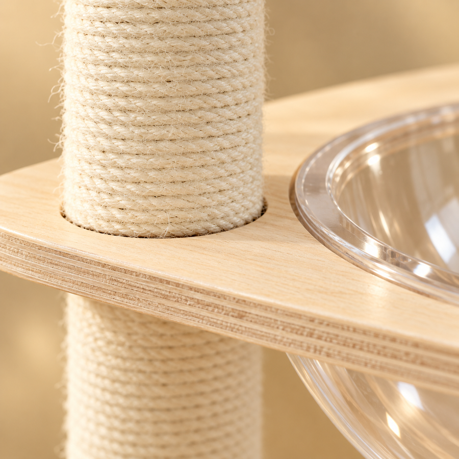 Close-up of rope-wrapped sisal post, plywood platform edge and clear acrylic capsule on a cat tree