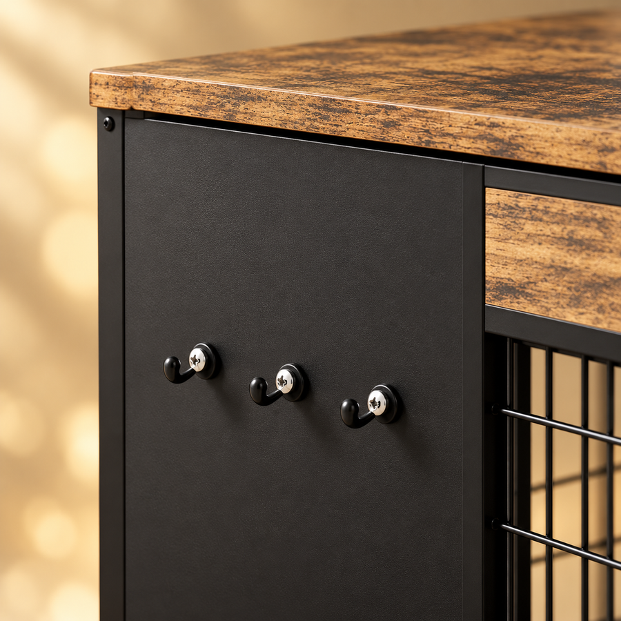 Close-up of three black leash hooks on the side panel of a rustic wood dog crate table