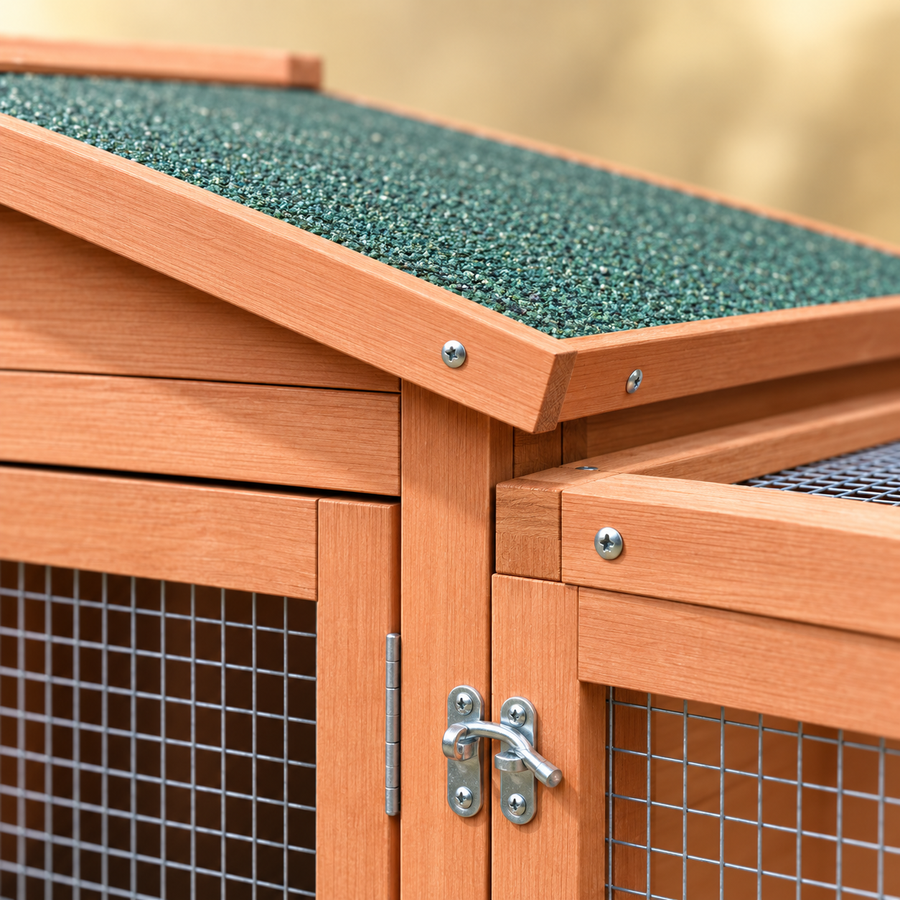 Close-up of the green asphalt roof, fir-wood trim and a metal door latch on a natural wood rabbit hutch