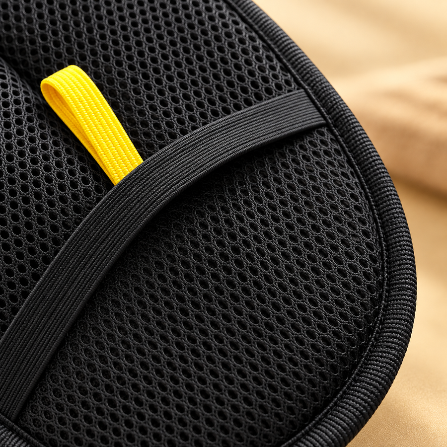 Close-up of the black honeycomb mesh and elastic strap with yellow tab on a pet hair remover mitt