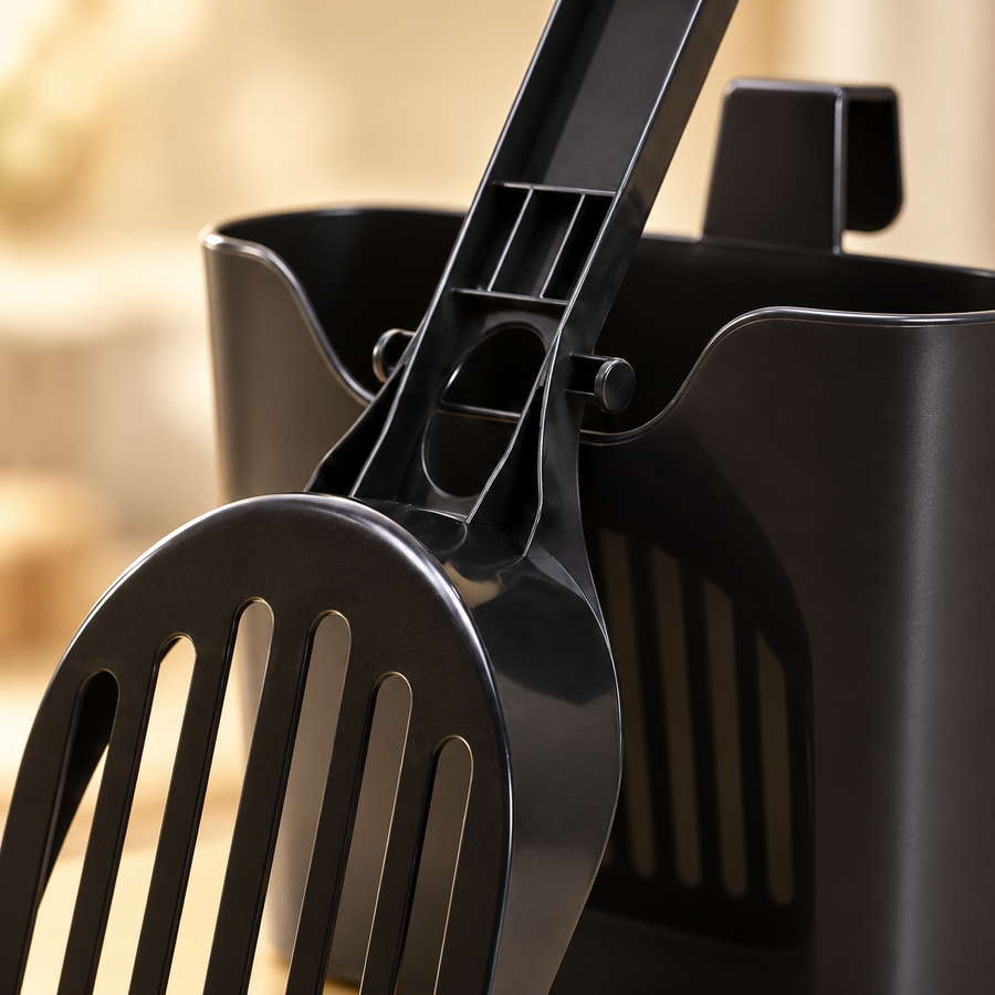 Close view of the black scoop handle, hanging hole, side hook and slotted head beside its matching holder