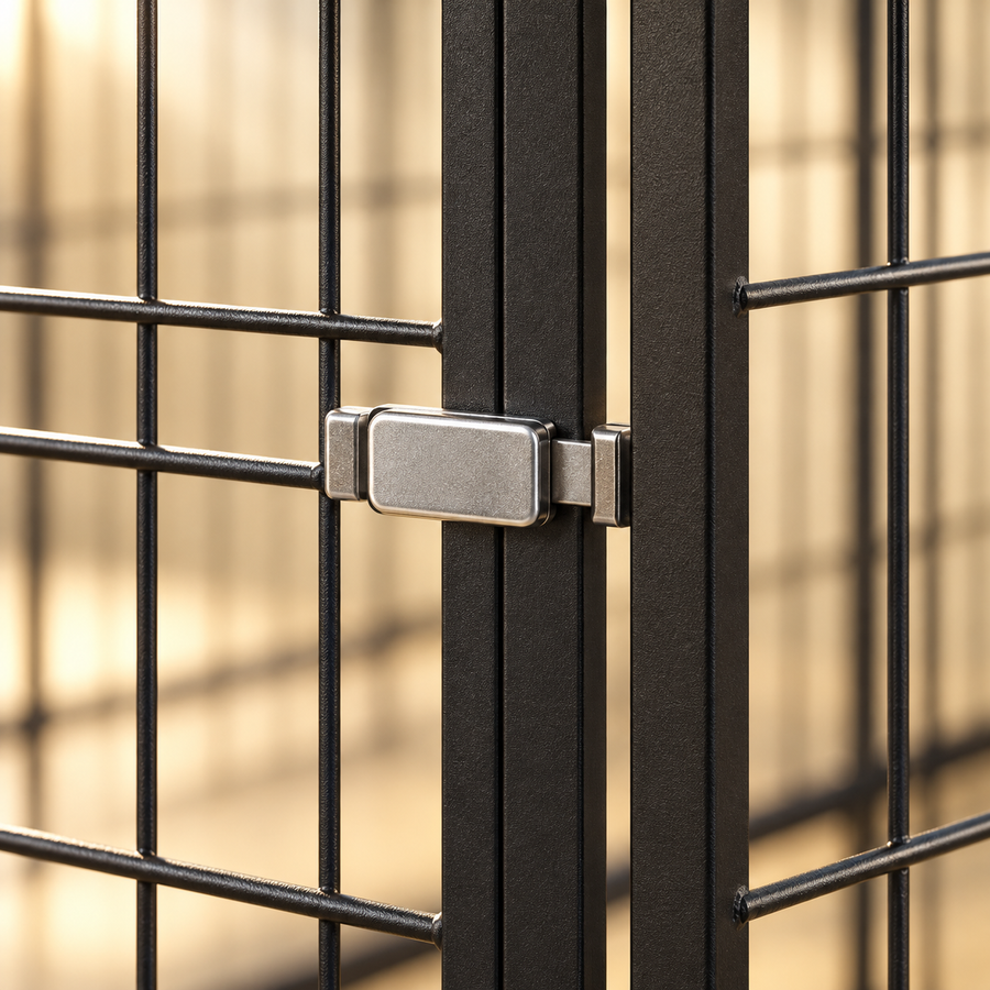 Close-up of the metal door latch on a black wire dog kennel where the door meets the frame tube