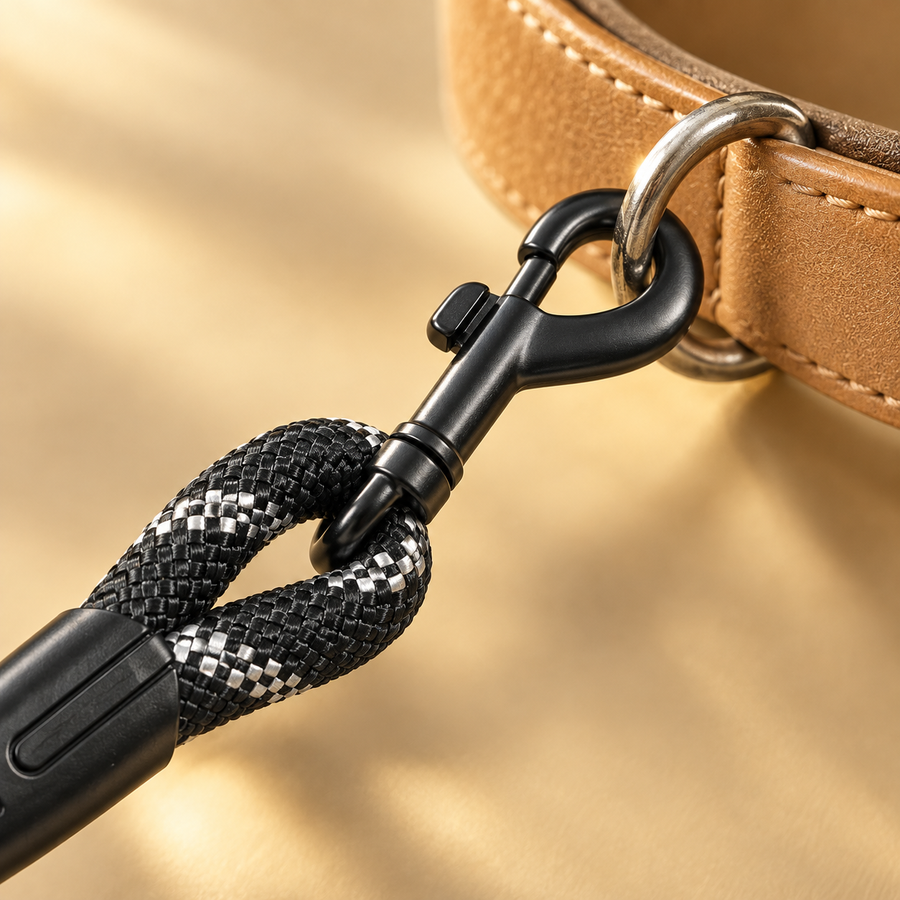 Close-up of a black swivel snap clasp on a reflective rope leash clipped to a tan leather collar