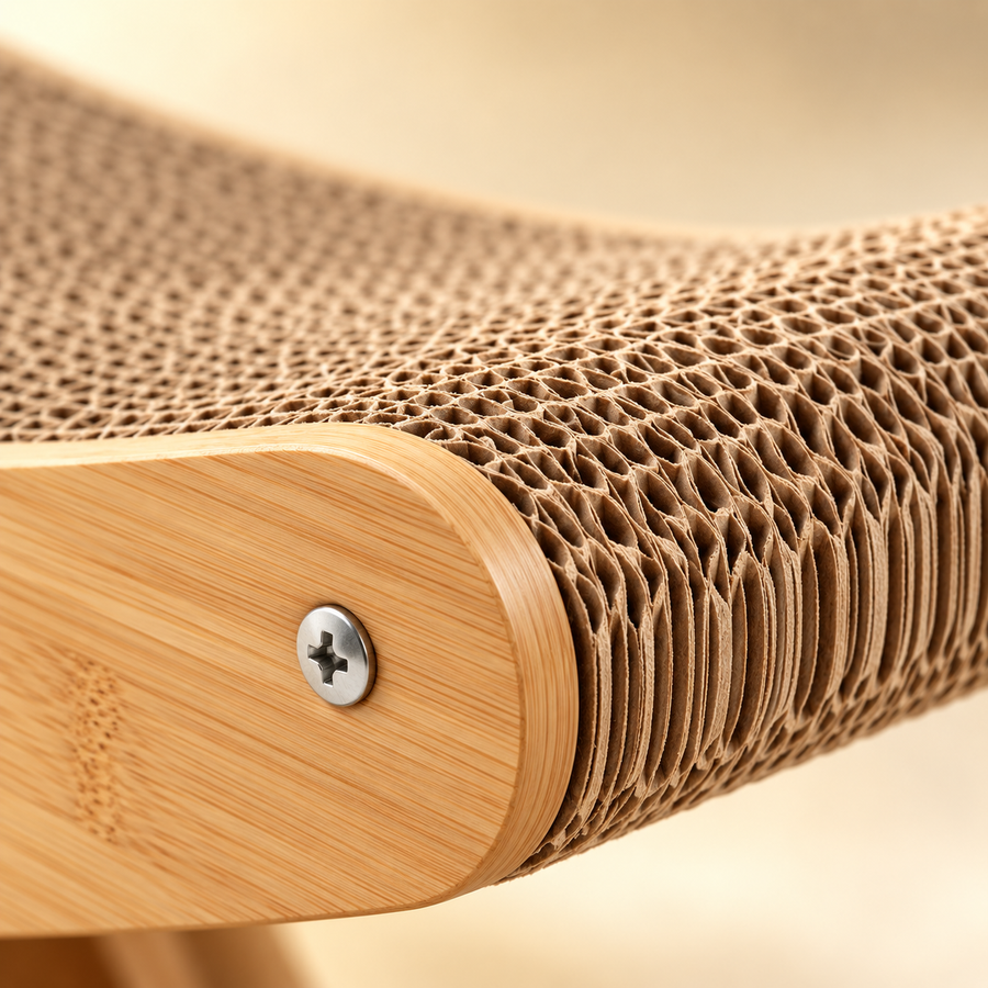 Close-up of corrugated cardboard layers and a screw on the bamboo-colored side of a cat scratcher chair