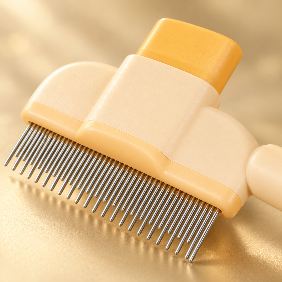 Close view of alternating long and short metal teeth beneath the apricot comb head and release button.