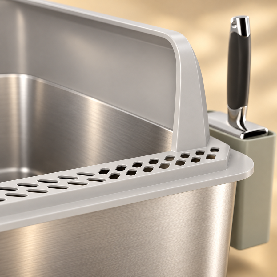 Close-up of the steel tray, gray high-sided rim, vented edge and green scoop holder of a litter box