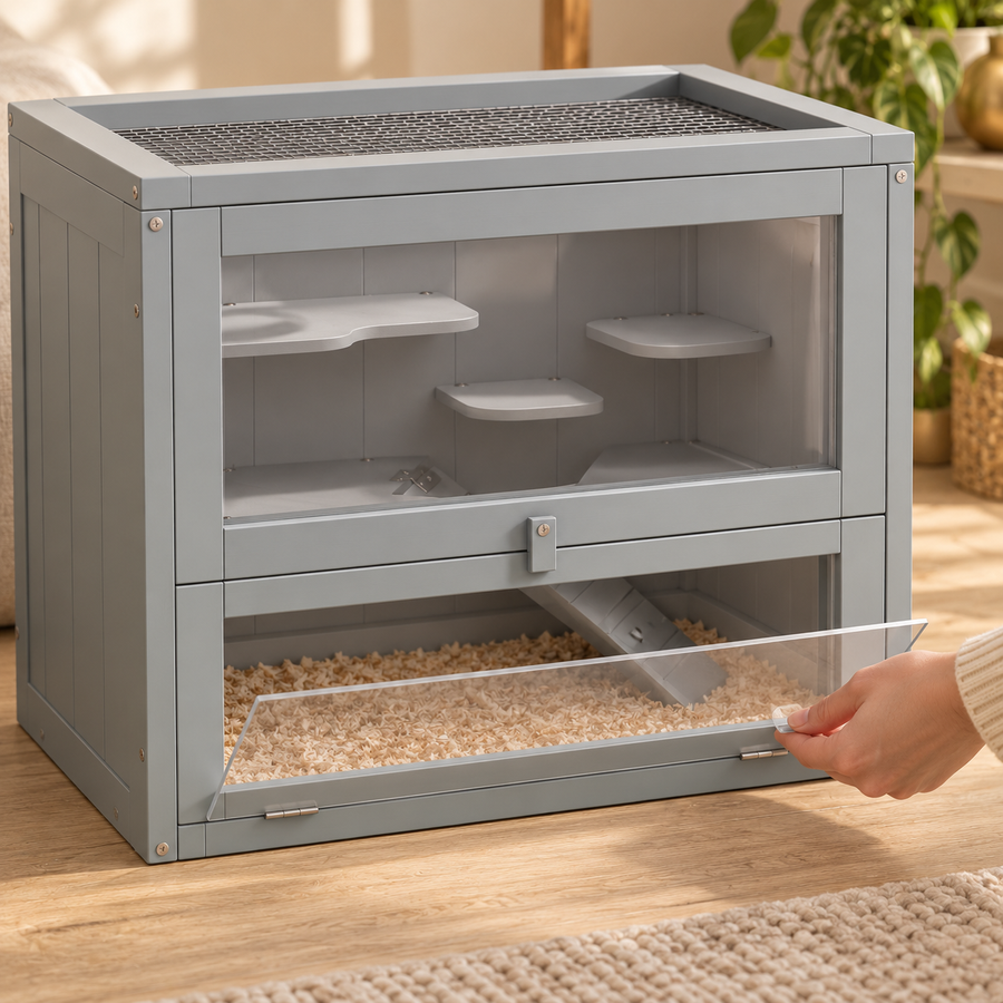 Hand lowering the clear lower front door of a gray wooden hamster cage, showing the ladder and wood-shaving bedding
