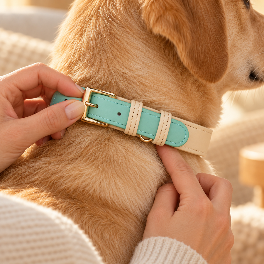 Hands adjusting the mint and cream leather collar around the neck of a golden dog