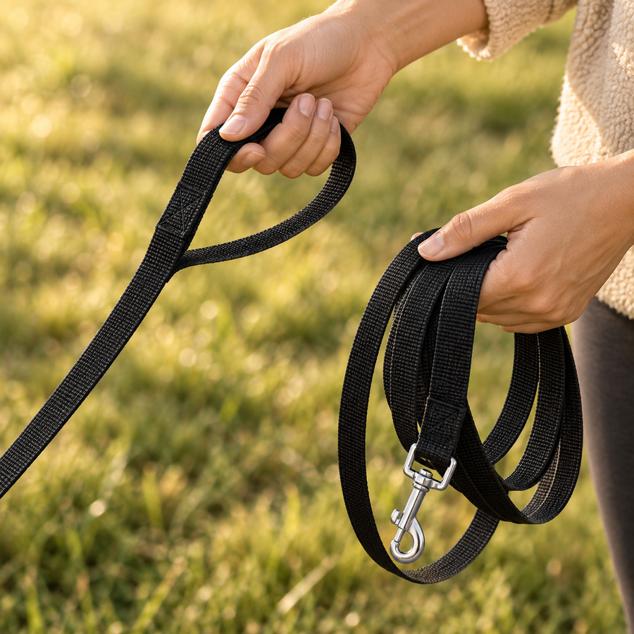 Hands hold the sewn loop and gathered length of a black flat-webbing leash with a silver snap outdoors