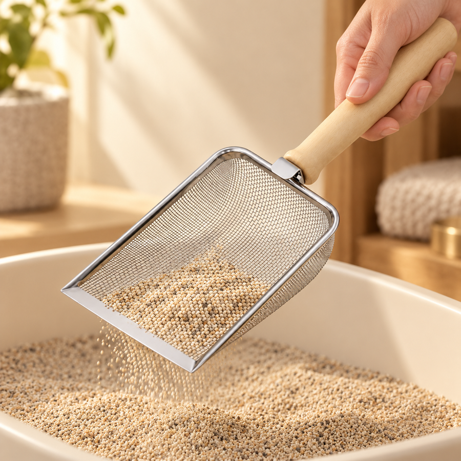 Close view of a hand holding the wooden grip of a fine mesh scoop with loose litter above a cream tray