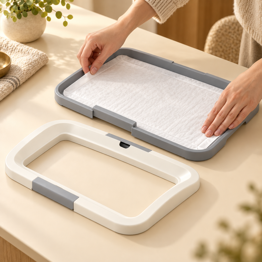 Hands place a separate white absorbent pad into the gray tray while its removable white frame rests beside it.