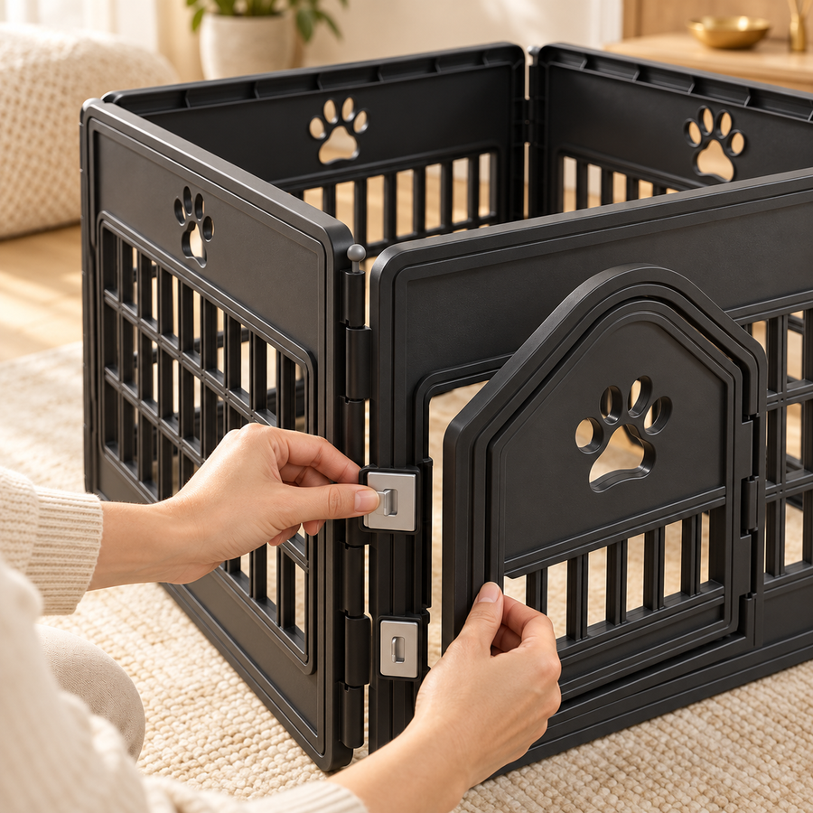 Hands operating the upper latch and door of a black plastic dog playpen with paw-shaped cutouts