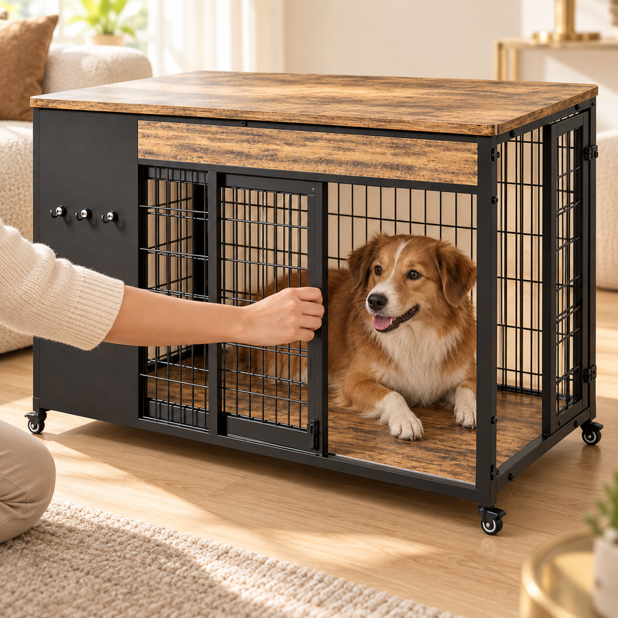 Hand reaching toward a red-and-white dog resting inside the dog crate table with sliding front door