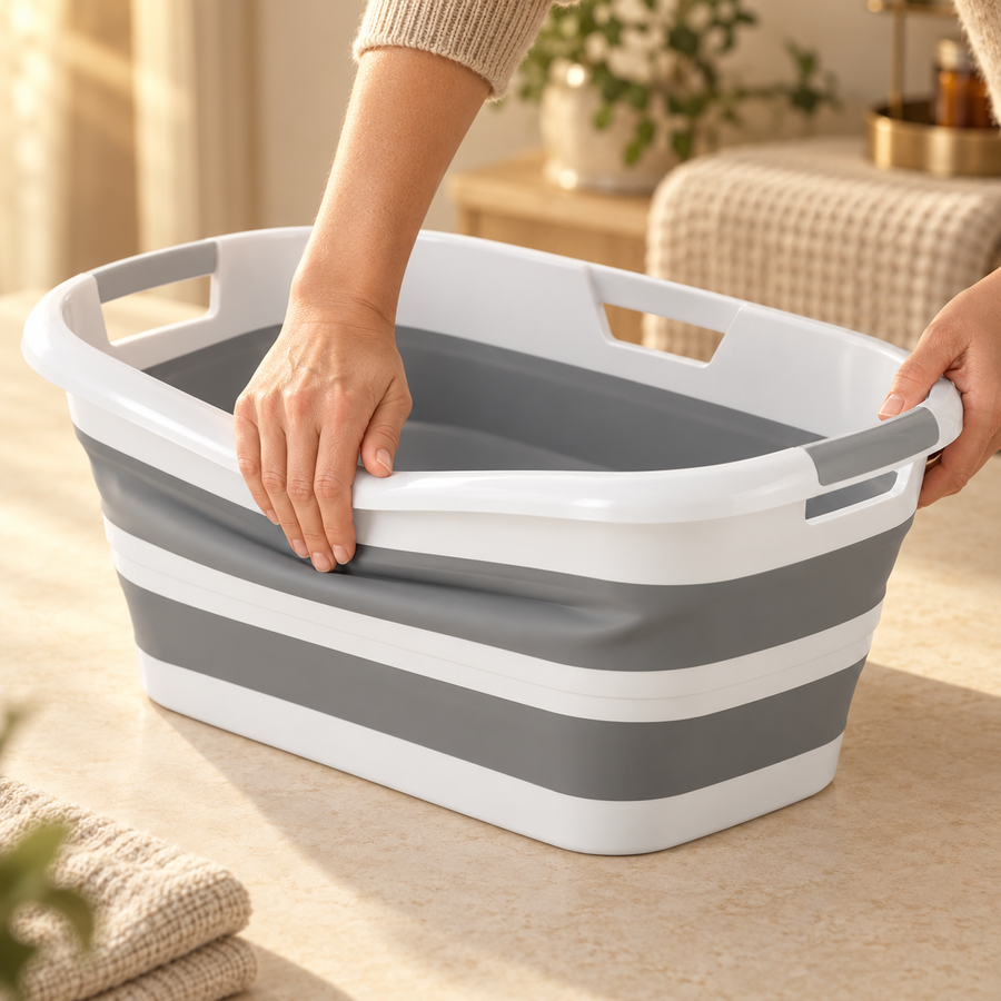 Hands press one side of the empty collapsible tub downward, folding its gray wall sections between white bands.