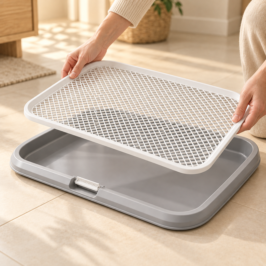 Hands lifting the white removable grid out of a shallow gray dog potty tray on a tiled floor