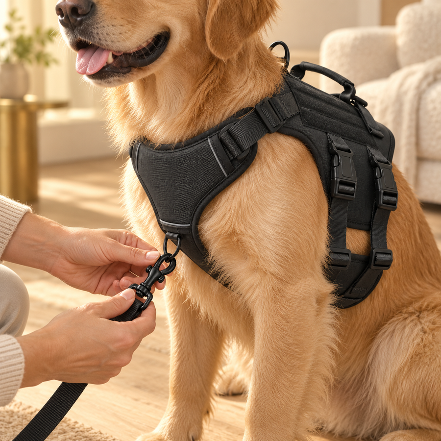 Hands clipping a leash to the front D-ring of a black dog harness worn by a golden retriever