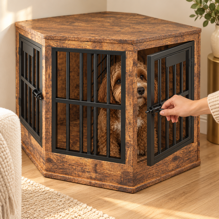 Hand latching the black bar door of a corner dog crate while a shaggy dog sits inside