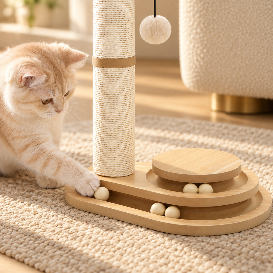 Orange and white cat batting a wooden ball on the two-level track at the base of a sisal scratching post