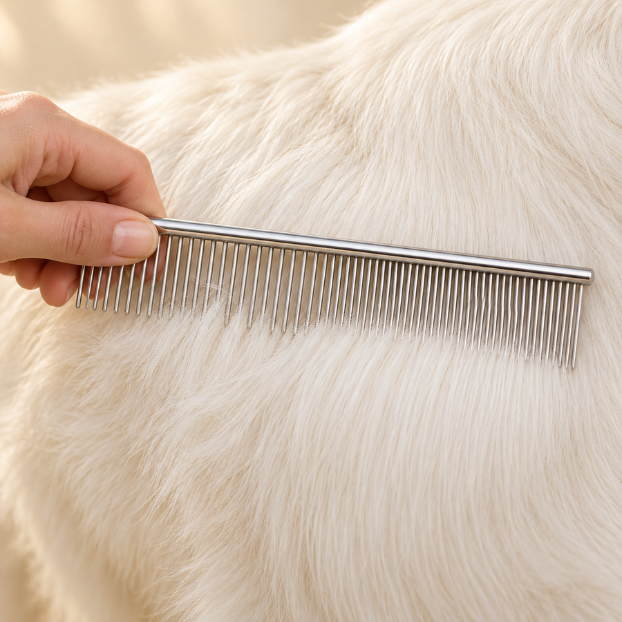 Hand holds a silver grooming comb with wide and narrow tooth sections against the body coat of a white dog